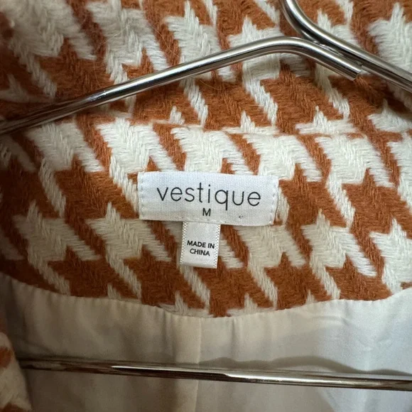 Vestique Burnt Orange White Houndstooth Trench Wool Blend Jacket Women’s M MINTY - Picture 2 of 4